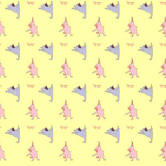 Seamless pattern. pets yoga. cute puppies go in for sports, gymnastics and stand in an asana, meditate. Vector illustration on yellow background. Dog yoga. For design, packaging, textiles, wallpaper