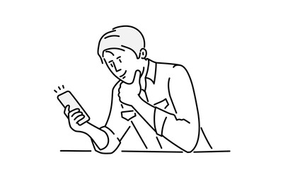 Man sitting at table and using phone. Hand drawn vector illustration.