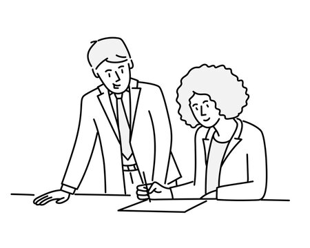 recommend clip art: Business partners. Woman signing partnership agreement concept. Hand drawn vector illustration.