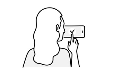 Hand drawn vector illustration of girl presses the ok button. Check mark on smart-phone screen.