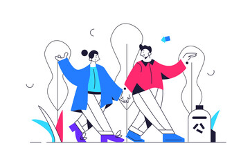 Guy and girl walking in the park holding hands, trees and grass, trash can isolated on white background, flat vector illustration