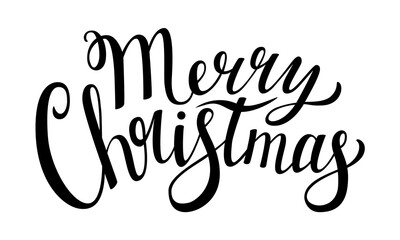 Fototapeta na wymiar Hand lettering with the words Merry Christmas. Illustration with text for greeting cards and tags. Black and white text vector illustration. Isolated on a white background.