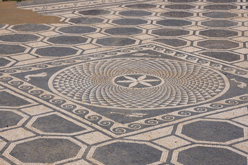 Mosaïque de sol en noir et blanc à Ampuria volutes  végétales rosace