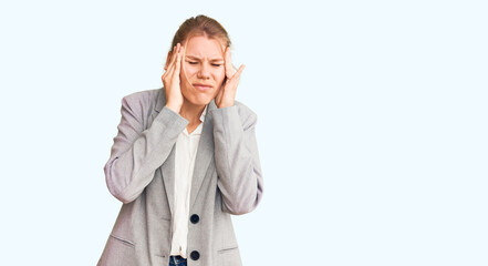 Young beautiful blonde woman wearing elegant jacket with hand on head, headache because stress. suffering migraine.