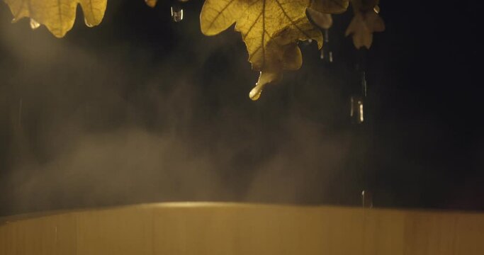 Close up view of oak broom in wooden tub in bath with hot steam from water on black background in slowmotion