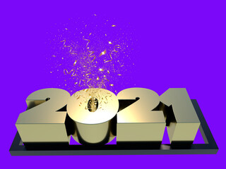 3D number 2021 among confetti. For new year graphic work. Blue background.