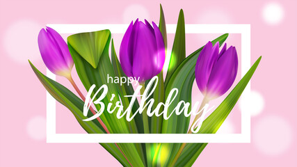 Happy Birthday tulips bouquet. Greeting card with cofetti, glitter. Banner vector text and present ballons gift happy card.