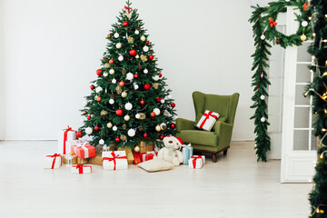 New Year's background Christmas tree with gifts interer decor