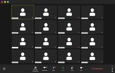 Template video conference user interface, video conference calls window overlay. Sixteen users.
