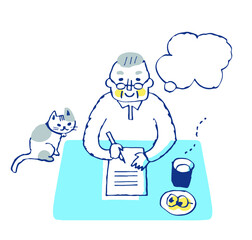 手紙を書いているシニア男性とふきだし