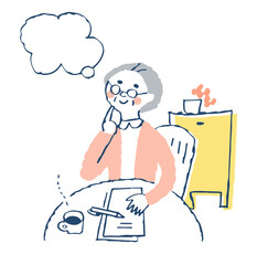 手紙を書いているシニア女性とふきだし