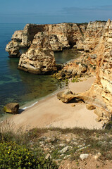 Typical, rocky sandstone rocks on the Algarve coast in Portugal