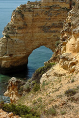 Typical, rocky sandstone rocks on the Algarve coast in Portugal