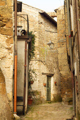 Fototapeta premium Stone house of Calcata Village,the so-called “village of artists” and many cats, a village with fewer than a thousand inhabitants and culturally active, is like jumping back into the Middle Ages.