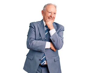 Senior handsome grey-haired man wearing elegant suit with hand on chin thinking about question,...