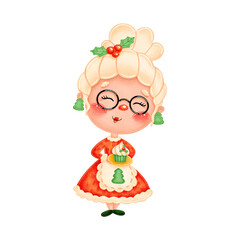 Illustration of cute cartoon Mrs. Claus holding christmas cupcake isolated on white background