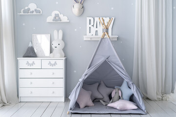 Kids room with light interior design in apartment
