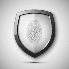 Protection shield encoded fingerprint icon. Safety finger scan concept badge. Privacy banner. Security label. Defense tag. Presentation sticker shape. Biometric identification systems of human