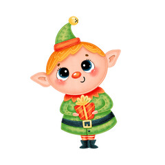 Illustration of cute cartoon christmas elf boy with gift isolated on white background