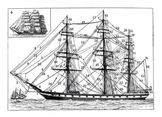 Pirate boat old sailing ship / Antique engraved illustration from from La Rousse XX Sciele	