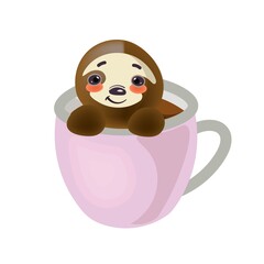 Cute good natured sloth peeking out of a cup of coffee.
Vector isolated illustration on white background.