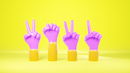 Pink hand symbol showing number 2021, abstract yellow background, Hand and finger sign concept, 3d illustration