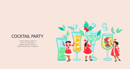 Christmas cocktail festive party website banner with cartoon young women in fancy Santas costumes. Christmas and New Year party celebration background, flat vector illustration.
