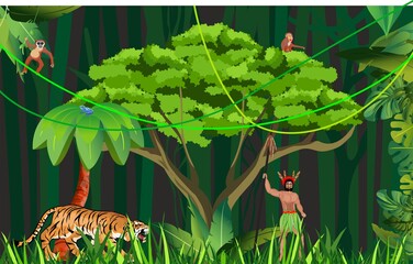 Jungle illustration, animals, aboriginal man among jungle, vector illustration