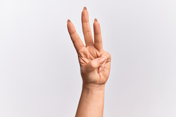 Hand of caucasian young woman counting number 3 showing three fingers