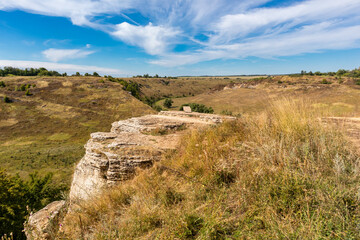 View of the rocks near the Vorgol river and the surrounding landscape. Tourist and rock climbing place near the city of Yelets, Lipetsk region, Russia