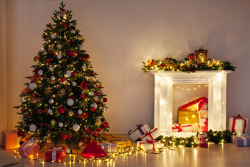 Lights garland Christmas tree with gifts interior new year night
