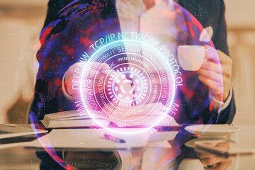 Close up of human hands background and abstract innovative technologies for industries. Multi exposure.