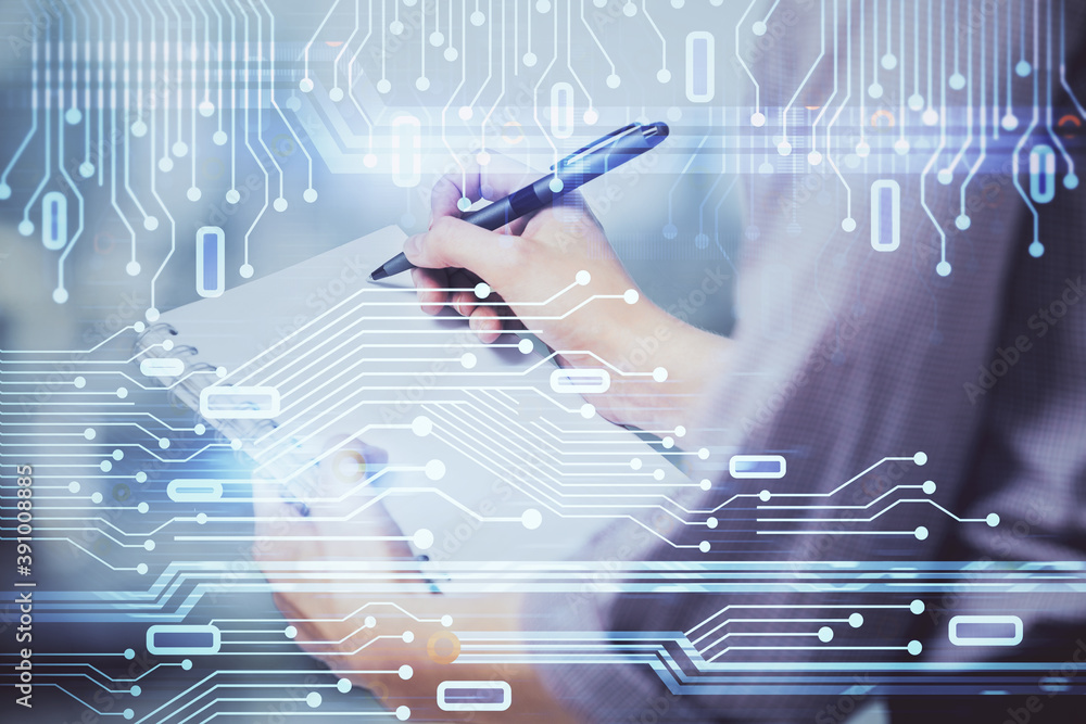 Poster multi exposure of woman's writing hand on background with data technology hud. concept of innovation