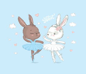 Illustration of two Brown and White dancing ballerina bunnyes. Little rabbits dancing girls over blue. Can be used for t-shirt print, kids wear fashion design