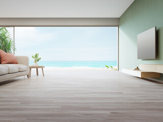 Coffee table on wooden floor of large living room and sofa near TV in modern beach house or luxury villa. Home interior 3d rendering with sea view.