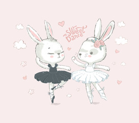 Illustration of two White dancing ballerina bunnyes. Little rabbits dancing girls over Pink. Sweet Dance. Can be used for t-shirt print, kids wear fashion design
