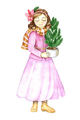 Watercolor girl with Christmas tree.Vintage illustration.New Year greeting card.