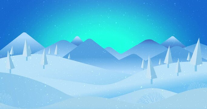 Winter Landscape background, snow season scene with Christmas pines, snow-capped mountains hills peaks on the background, light-blue lake and starry blue sky. New year holiday concept