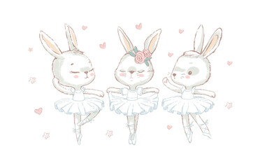 3 Sweet ballerina bunnys illustration vector. White dancing rabbits illuatration. Can be used for t-shirt print, kids wear fashion design, baby shower invitation card - obrazy, fototapety, plakaty