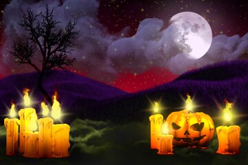 Halloween multi colored haunting dark night texture - set of candles on left side and candle in pumpkin style on the right, trick or treat concept - background design template 3D illustration