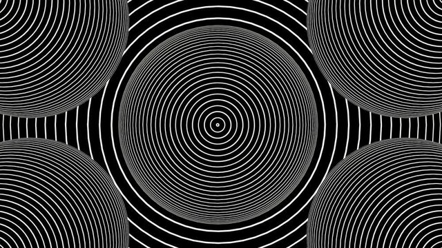 Optical illusion black and white seamless looping hypnotic circles background. Circles hypnotic animation with motion illusion in HD resolution. 3d surrealism line art.