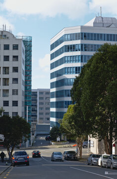 AUCKLAND, NEW ZEALAND - Aug 24, 2019: View Down Short Street To Customs Service Office Building