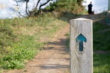 Arrow Sign and Woman Walking Dog in Loredo; Santander
