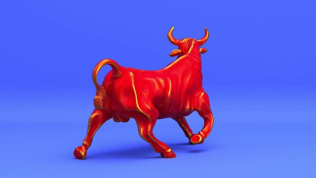 Strong angry power bull or rotating ox seamless looping animated background, happy chinese new year and taurus zodiac of astrological horoscope, spanish bullfight concept 3d render animation