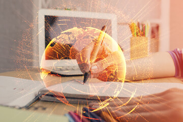 Social network theme hologram over woman's hands writing background. Concept of international people connect. Double exposure
