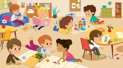Kids playing with bricks and educational games in kindergarten room. Kids play together in kindergarden. Poster with the place for your text. Playroom with children