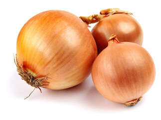 Three golden bulbs of ripe onions are isolated on a white background.