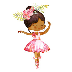 Dancing Latino Dark Skin Ballerina Baby Girl Wearind Pink Dress. Elegant Little Child Posing Training Ballet Collection Poster Design for Print. Watercolor Cartoon Illustration. Isolated