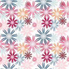 Summer seamless print of multicolored flowers. Geometric small and large flowers. Blue, pink, Burgundy, orange pastel colors. Decoration for Wallpaper, paper. Can be used for fabric design