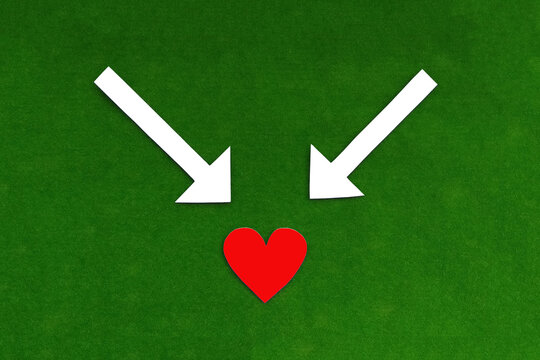Red heart, two white arrows on a green background. Romantic relation.